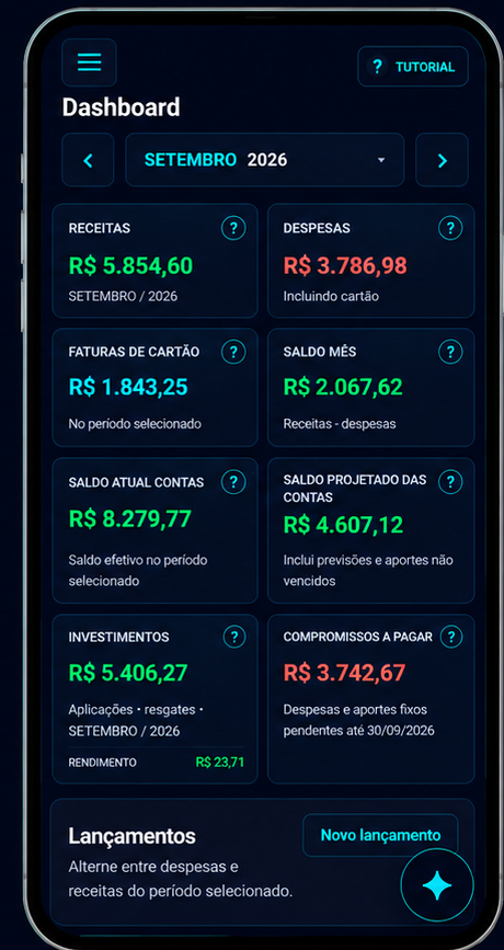 Dashboard mobile do FinControle em setembro de 2026, com receitas, despesas, fatura, saldos, investimentos e compromissos a pagar